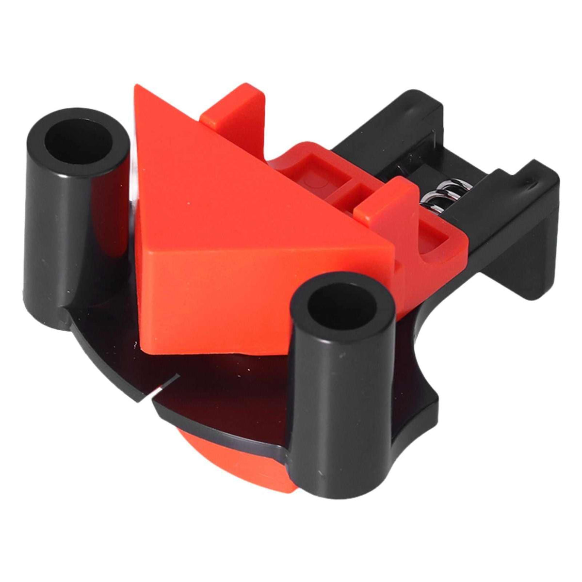 Angle Clamps in red and black ABS plastic, with molded jaws, rounded posts and an adjustable spring-loaded grip