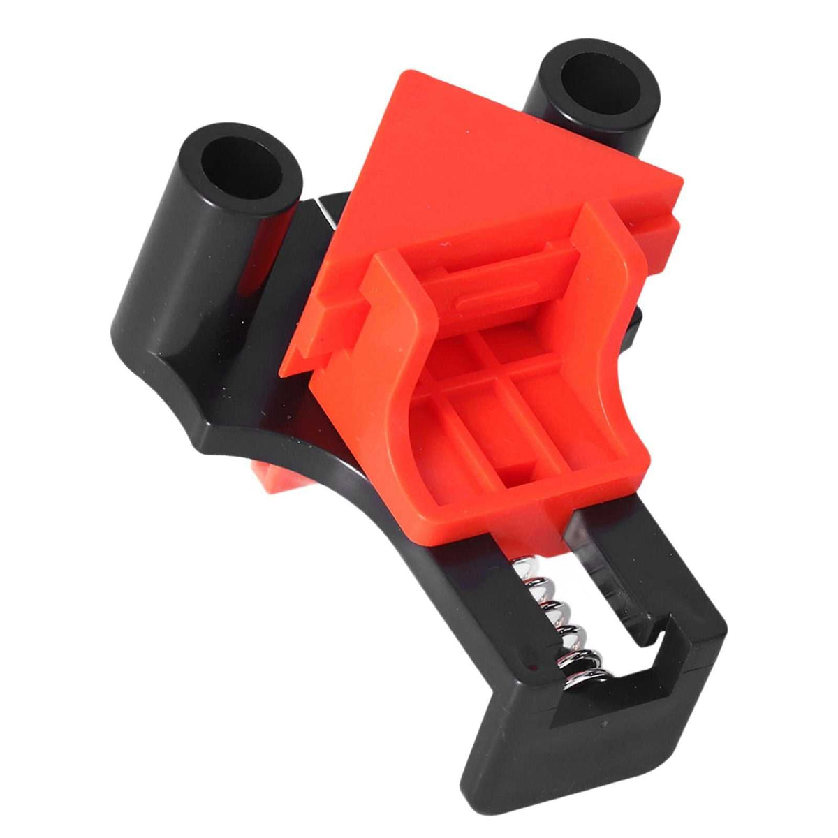 Angle Clamps made of red and black ABS with a spring-loaded handle and adjustable jaws for holding joints