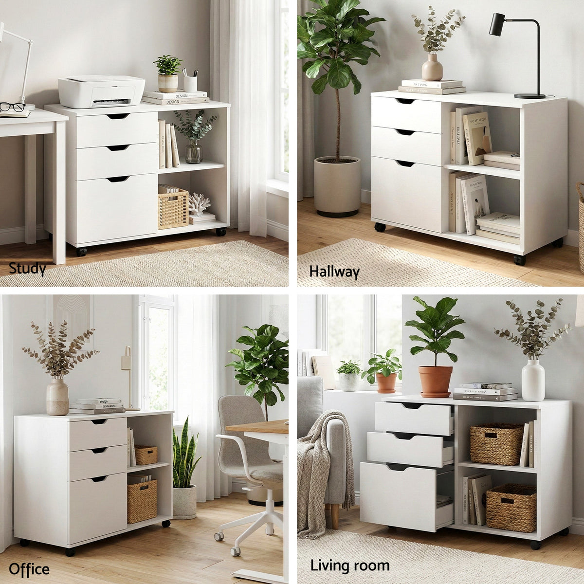 Artiss 3 Drawer Mobile white storage cabinet with smooth plain panels, three drawers, open shelves and castor wheels