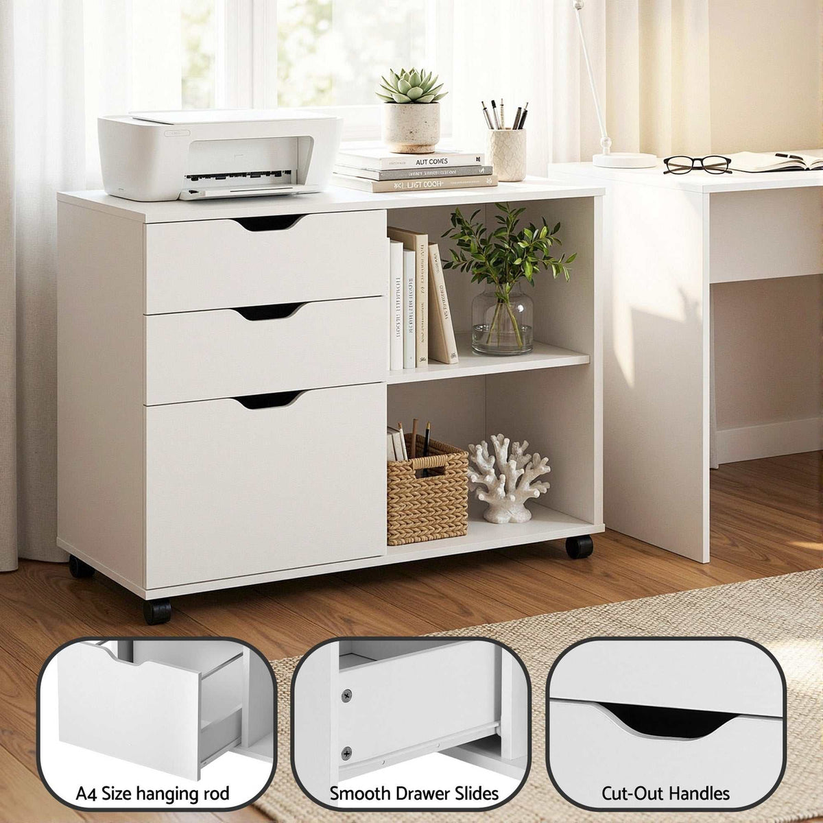 Artiss 3 Drawer Mobile cabinet in white with open shelving, cut-out handles, a printer top and rolling castors