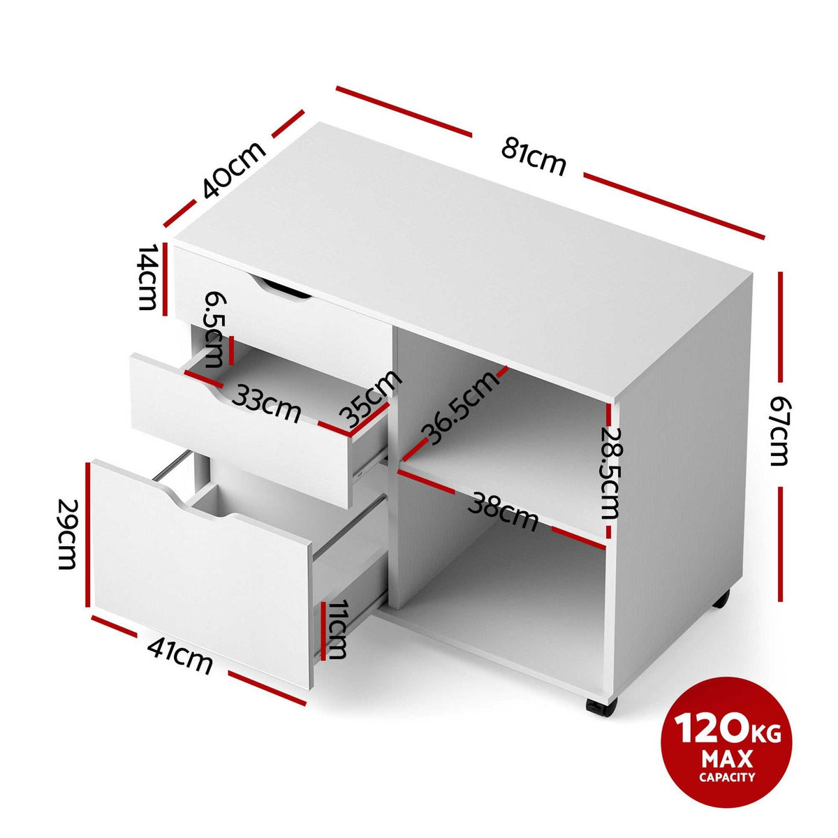 Artiss 3 Drawer Mobile cabinet in white with a flat top, three drawers, open shelf and caster wheels