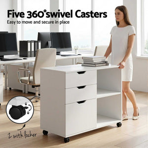 Artiss 3 Drawer Mobile filing cabinet in white with three drawers, an open side shelf and five swivel caster wheels