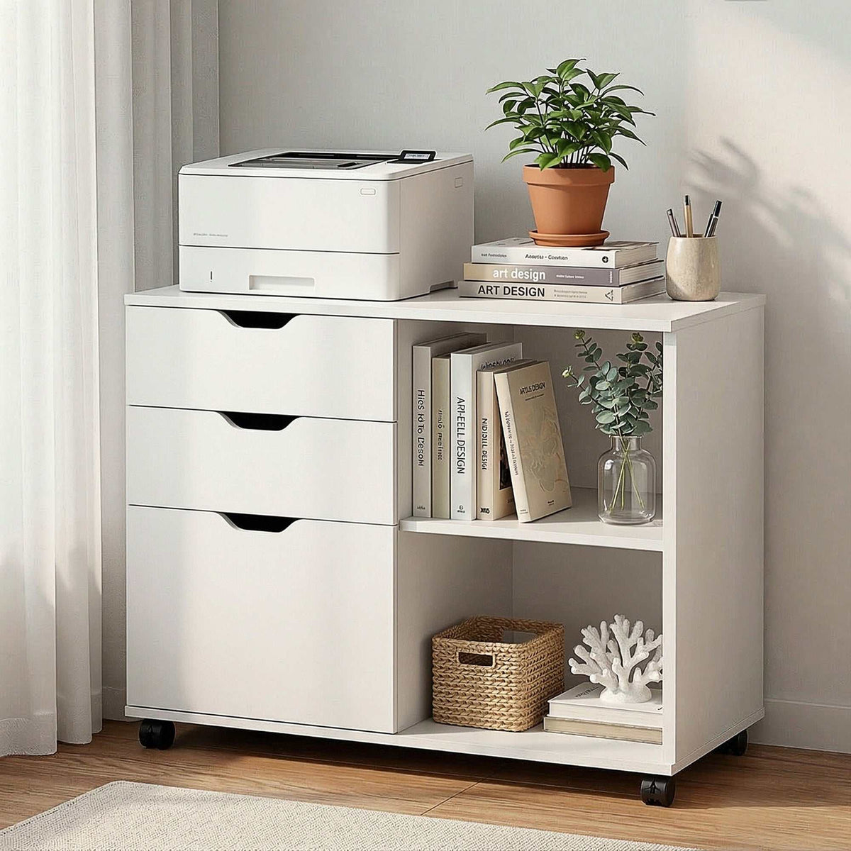 Artiss 3 Drawer Mobile white particle board filing cabinet with three drawers, open shelves and caster wheels