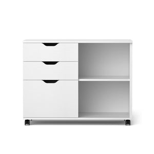 Artiss 3 Drawer Mobile filing cabinet in white with three black-recessed drawers, two open shelves and caster wheels