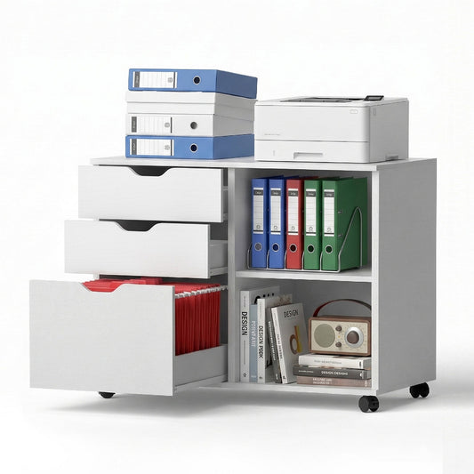Artiss 3 Drawer Mobile filing cabinet in white, with open shelves, three drawers and a wheeled base