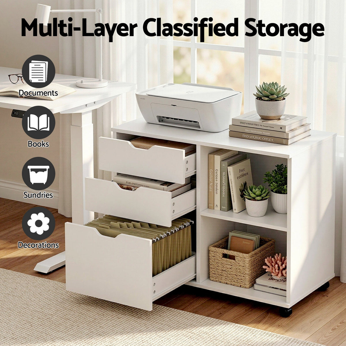 Artiss 3 Drawer Mobile white particle board filing cabinet with three open drawers, A4 files, printer top and side shelves