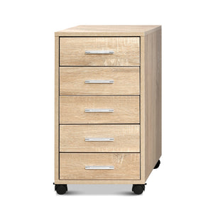 Artiss Filing Cabinet with five light wood-grain drawers, silver handles and black castor wheels