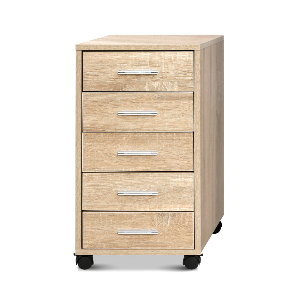 Artiss Filing Cabinet with five light wood-grain drawers, silver handles and black castor wheels