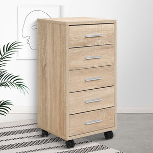 Artiss Filing Cabinet with five light wood-grain drawers, slim silver handles and black castor wheels