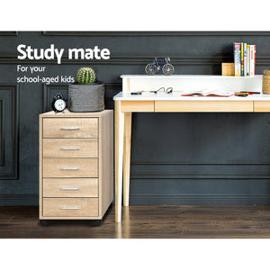 Artiss Filing Cabinet with five drawers, light oak-look melamine finish, slim design, metal handles and castor wheels