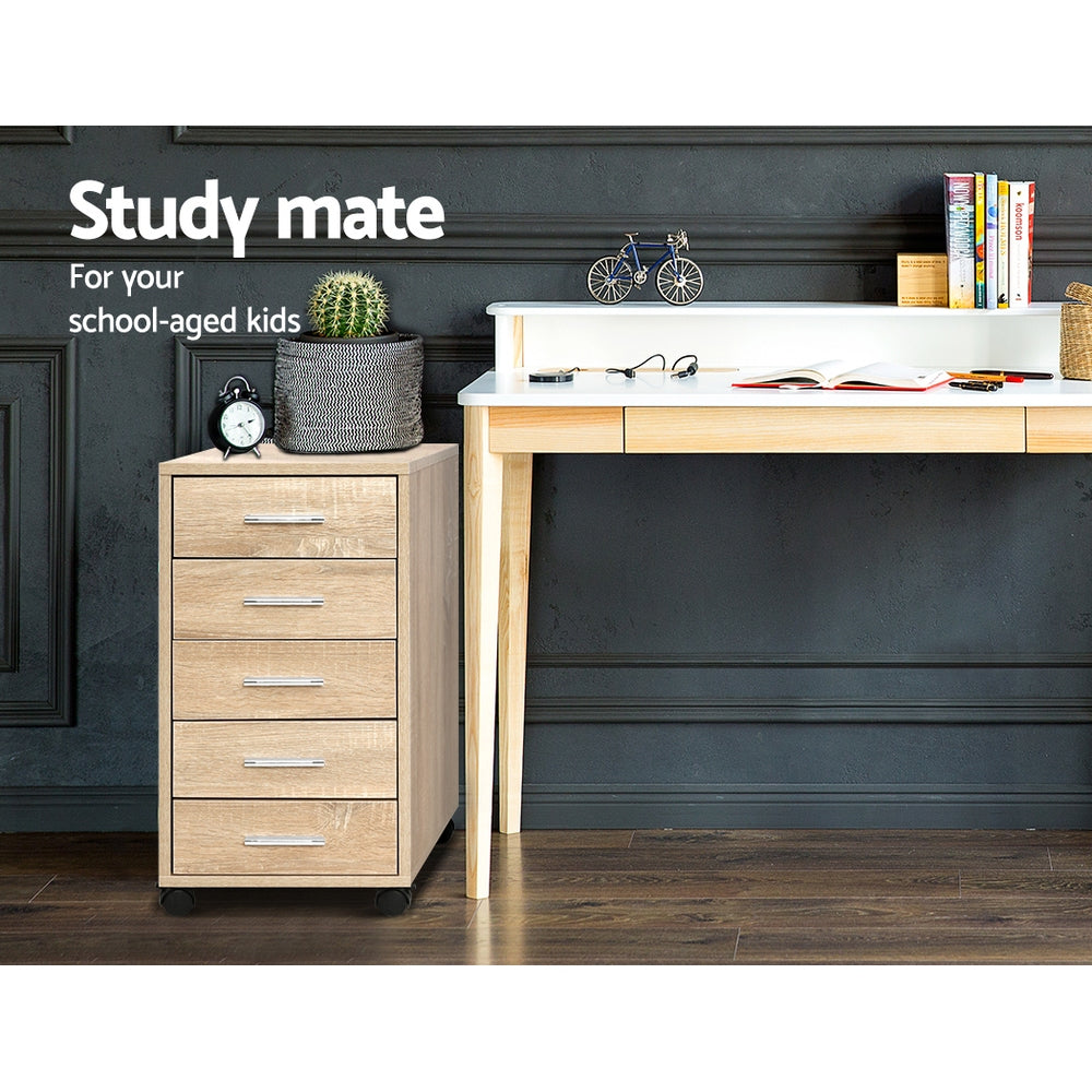 Artiss Filing Cabinet with five drawers, light oak-look melamine finish, slim design, metal handles and castor wheels