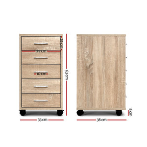 Artiss Filing Cabinet with five natural wood-grain drawers, slim silver handles and a black wheeled base