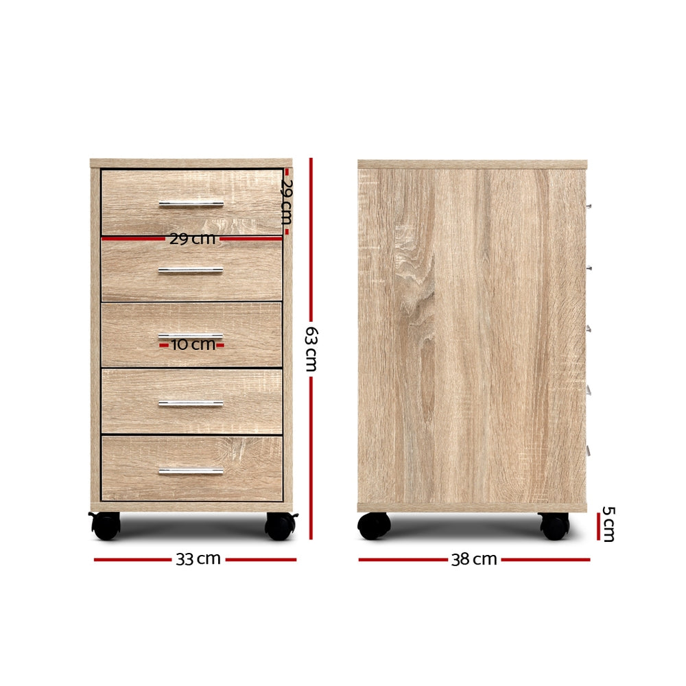Artiss Filing Cabinet with five natural wood-grain drawers, slim silver handles and a black wheeled base