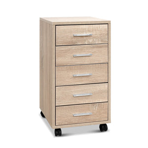 Artiss Filing Cabinet in light wood-grain melamine with five drawers, slim silver handles and black caster wheels