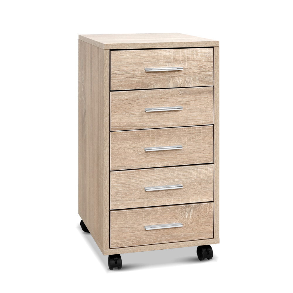 Artiss Filing Cabinet in light wood-grain melamine with five drawers, slim silver handles and black caster wheels