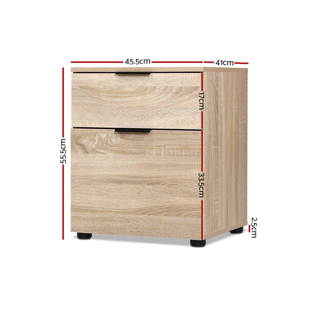 Artiss Filing Cabinet in light wood-grain finish with two handleless drawers, rectangular sides and black feet