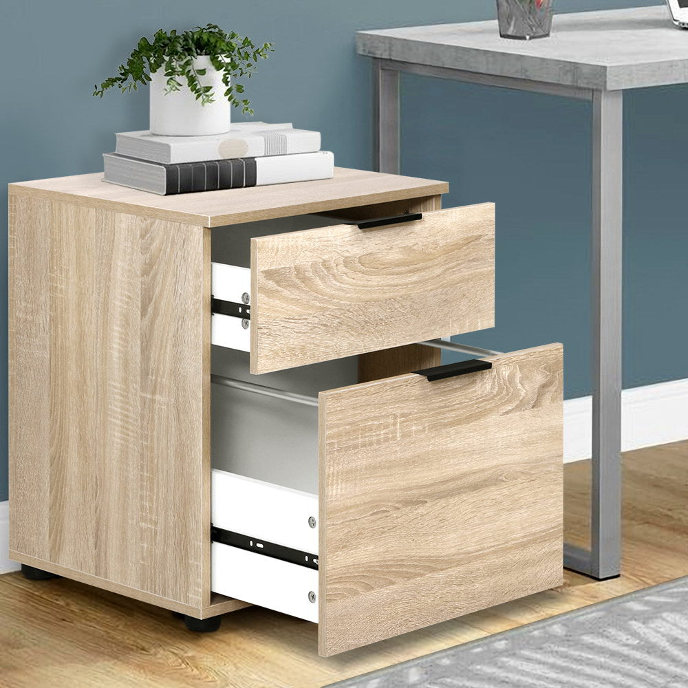 Artiss Filing Cabinet with light wood-grain finish, two open drawers and sleek black handles