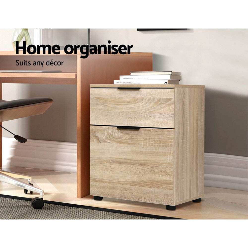 Artiss Filing Cabinet in light wood-grain melamine with two front drawers, slim dark handles and black feet.