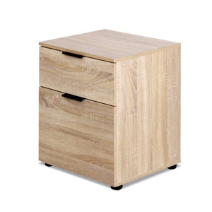 Artiss Filing Cabinet in light wood grain melamine with two drawers and slim black handles