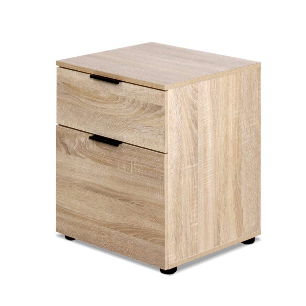 Artiss Filing Cabinet in light wood grain melamine with two drawers and slim black handles