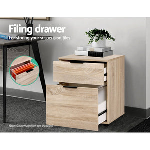 Artiss Filing Cabinet in light wood-grain finish with two drawers, including a deep filing drawer and dark metal handles