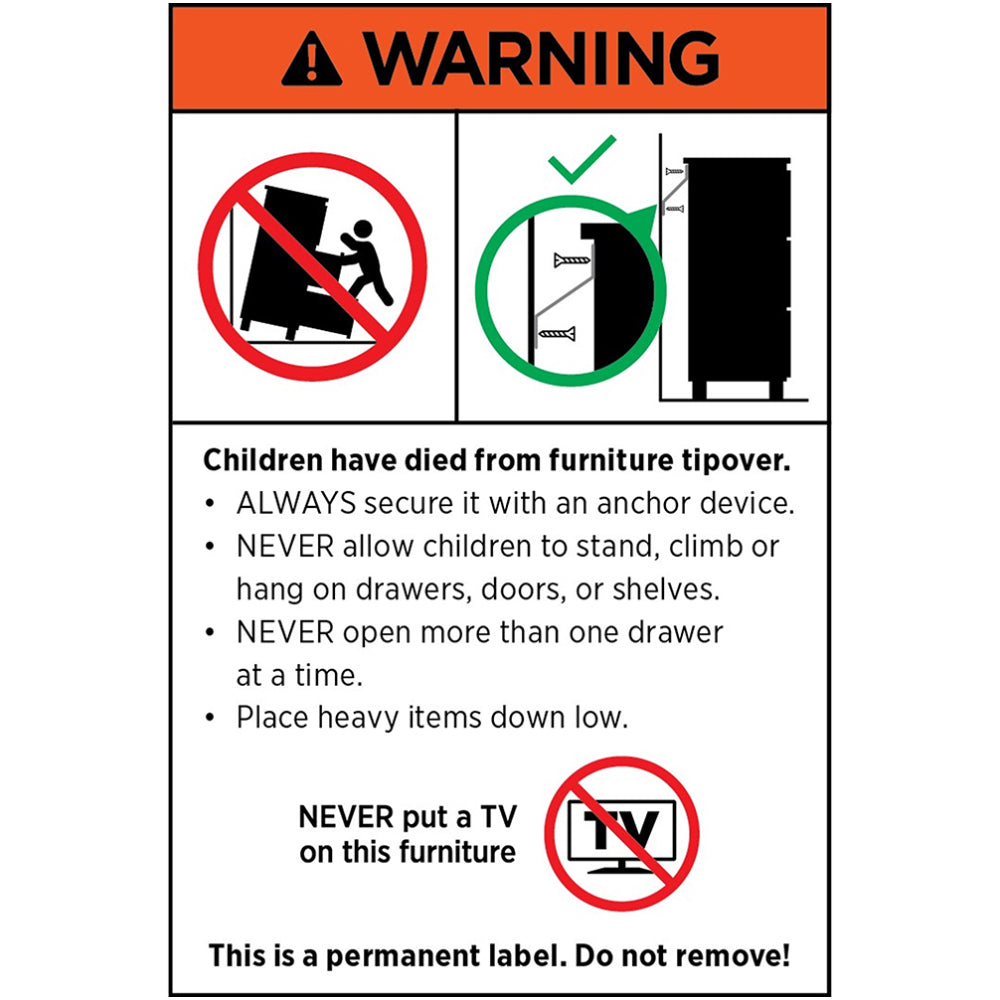 Artiss Filing Cabinet safety label with bold orange warning header, tip-over prevention icons and child safety instructions