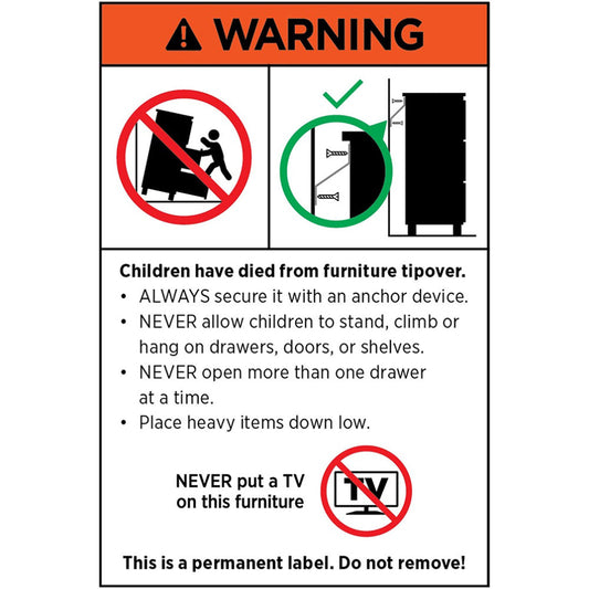 Artiss Filing Cabinet tip-over warning label with red no-climbing symbol, green anchoring diagram and safety instructions