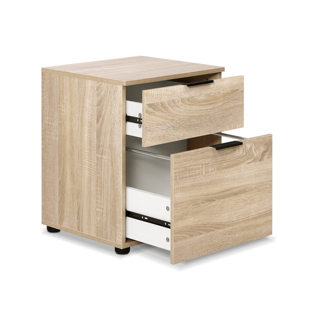 Artiss Filing Cabinet with two open drawers in light wood-grain melamine and sleek black metal handles