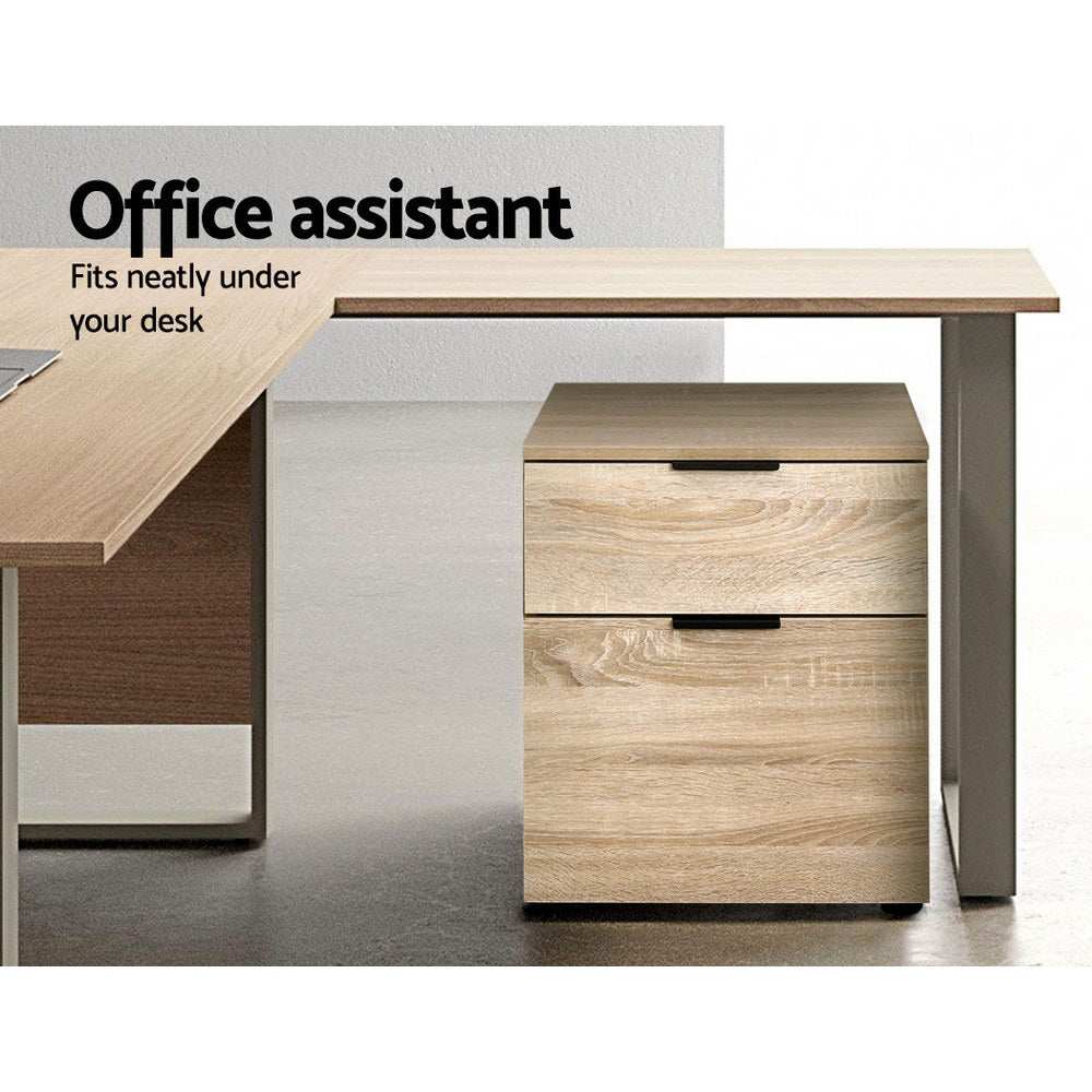 Artiss Filing Cabinet with two wood-grain drawers, a light neutral finish and sleek black metal handles