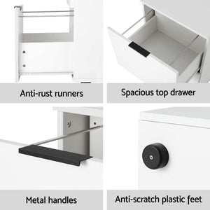 Artiss Filing Cabinet in white laminated board, shown with spacious drawers, anti-rust runners, black metal handles and plastic feet