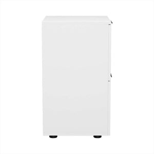 Artiss Filing Cabinet with a white laminated finish, flat side panel and raised top on short black feet