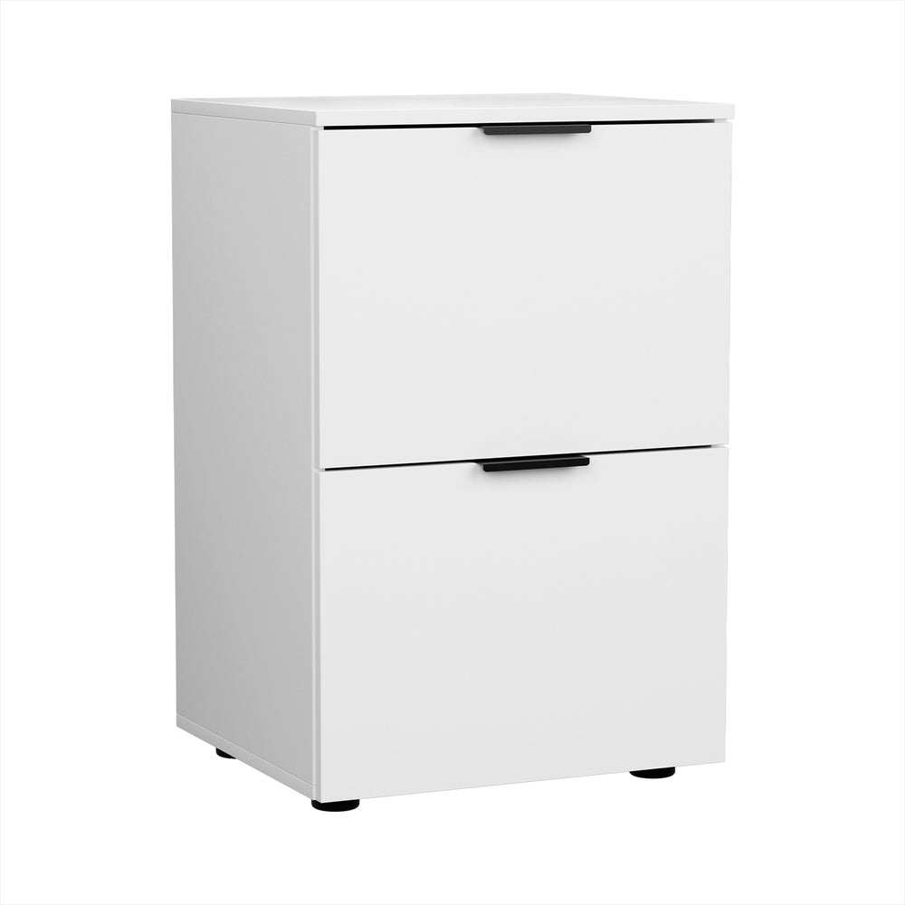 Artiss Filing Cabinet in white laminated board with two plain drawers and slim black handles