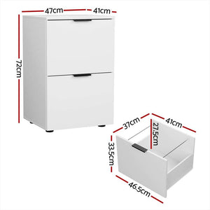 Artiss Filing Cabinet in white laminated board with two drawers, black handles and a compact rectangular design