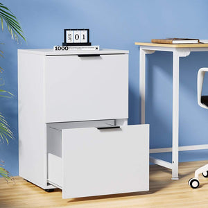 Artiss Filing Cabinet with a white laminate finish, two wide file drawers and sleek black handles
