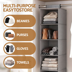 Artiss Hanging Closet Organiser in grey non-woven fabric, with five open compartments holding folded clothes, purses and towels
