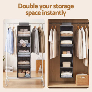 Artiss Hanging Closet Organiser, a grey fabric unit with five open shelves holding folded clothes, towels and storage boxes.