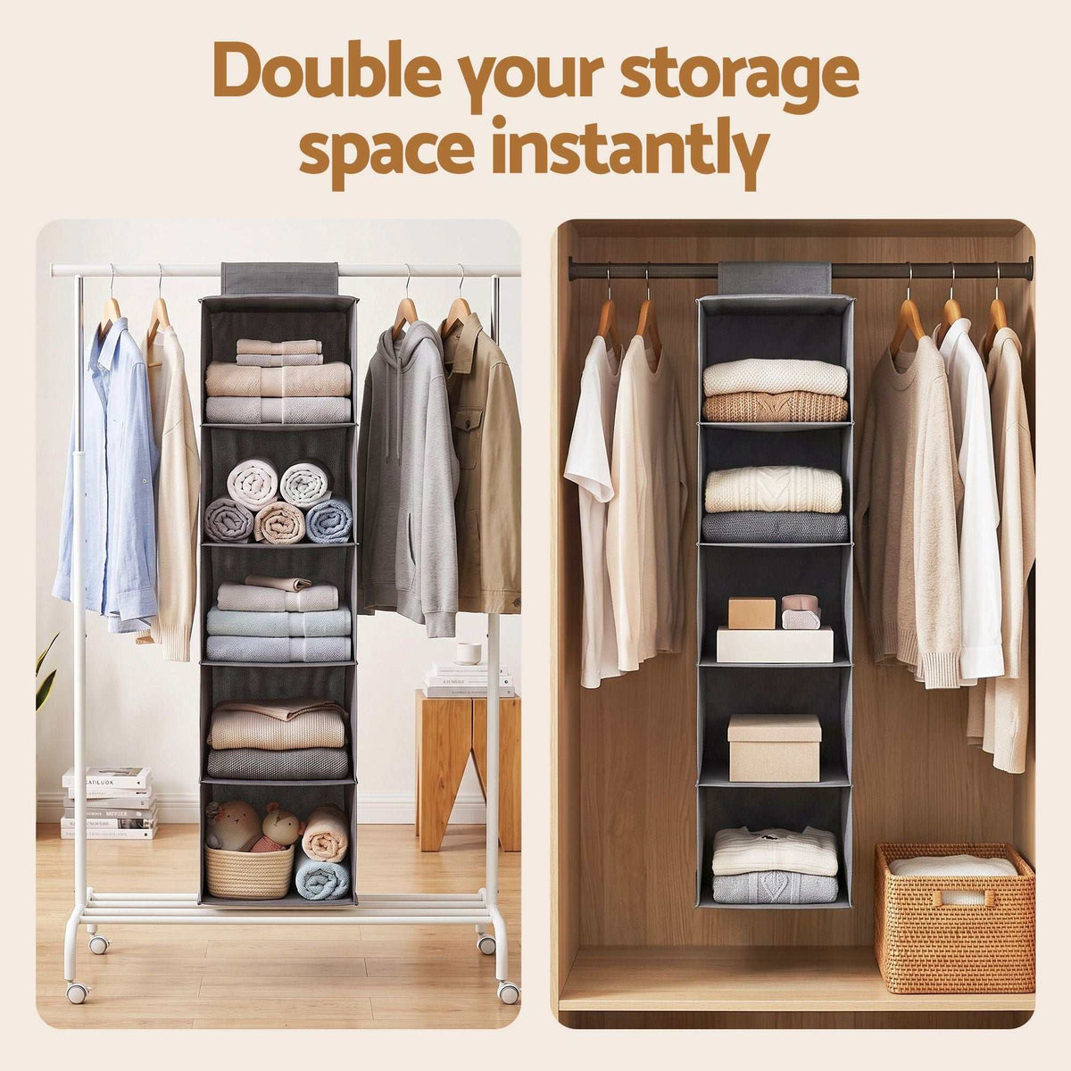 Artiss Hanging Closet Organiser, a grey fabric unit with five open shelves holding folded clothes, towels and storage boxes.