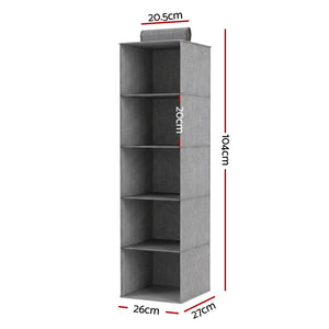 Artiss Hanging Closet Organiser in grey non-woven fabric, with five open compartments and a hanging loop.