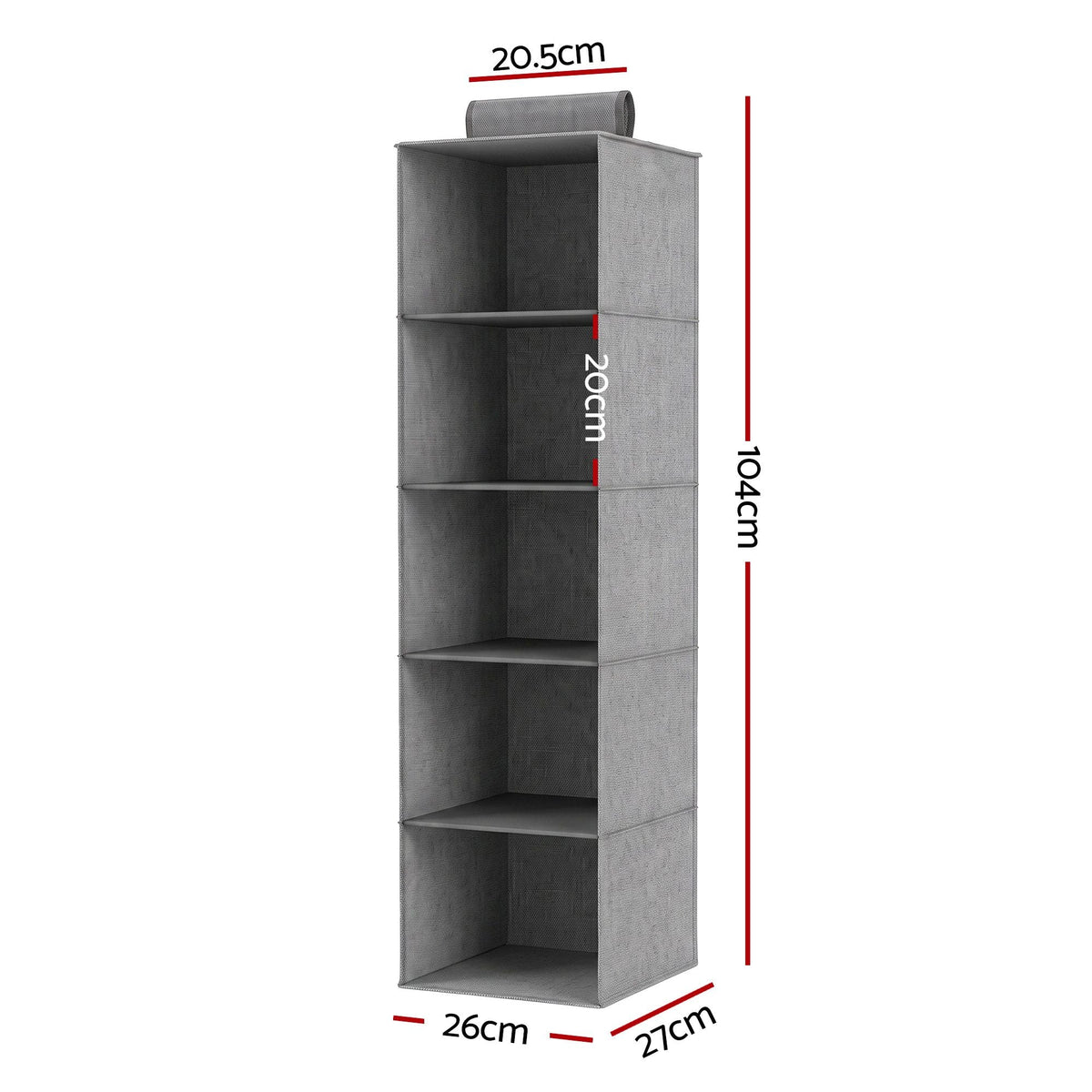 Artiss Hanging Closet Organiser in grey non-woven fabric, with five open compartments and a hanging loop.