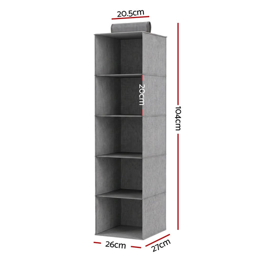 Artiss Hanging Closet Organiser in grey non-woven fabric, with five open compartments and a hanging loop.