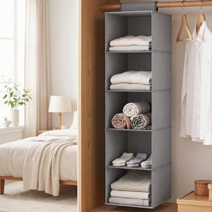 Artiss Hanging Closet Organiser, a grey non-woven fabric unit with five open compartments holding folded clothes and towels