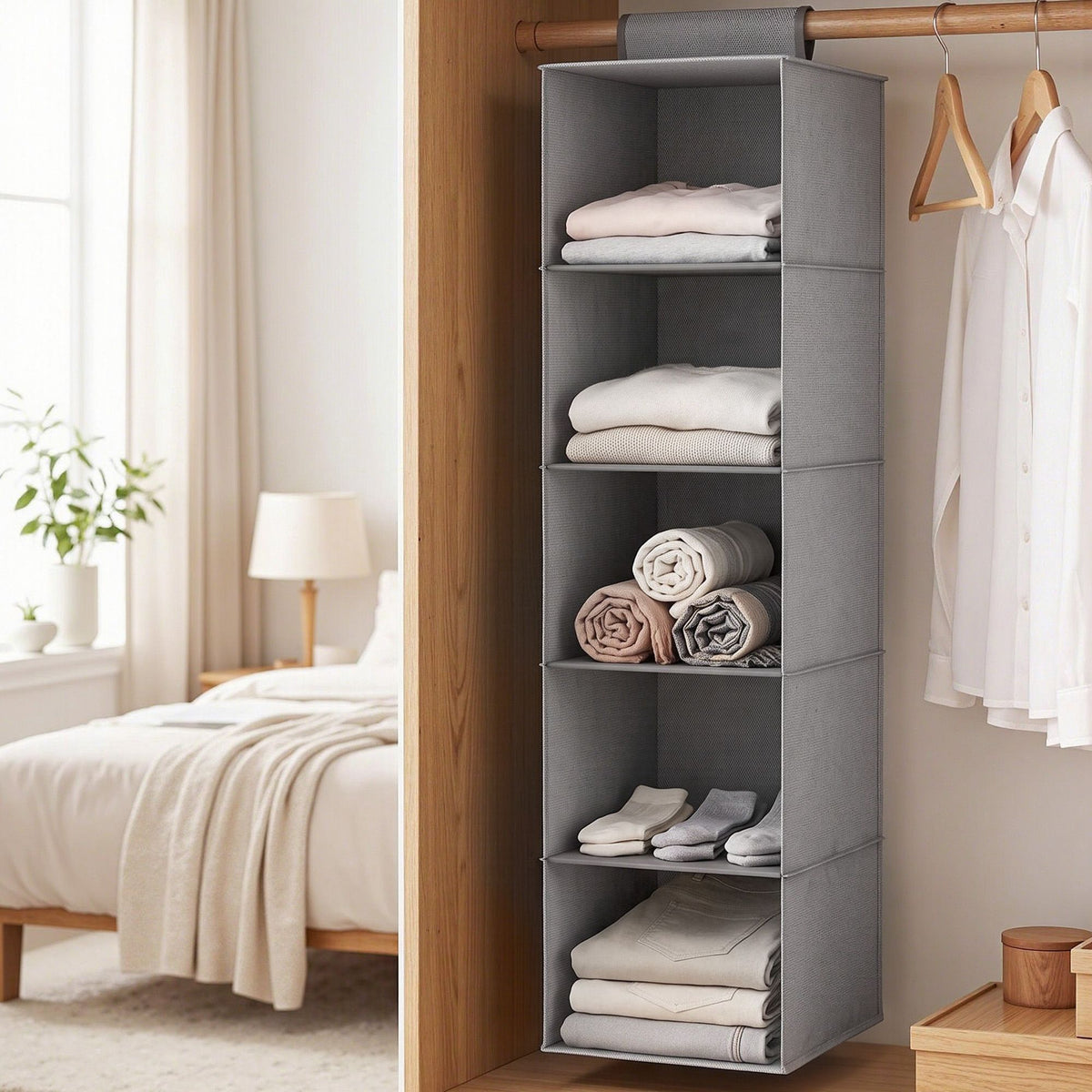 Artiss Hanging Closet Organiser, a grey non-woven fabric unit with five open compartments holding folded clothes and towels