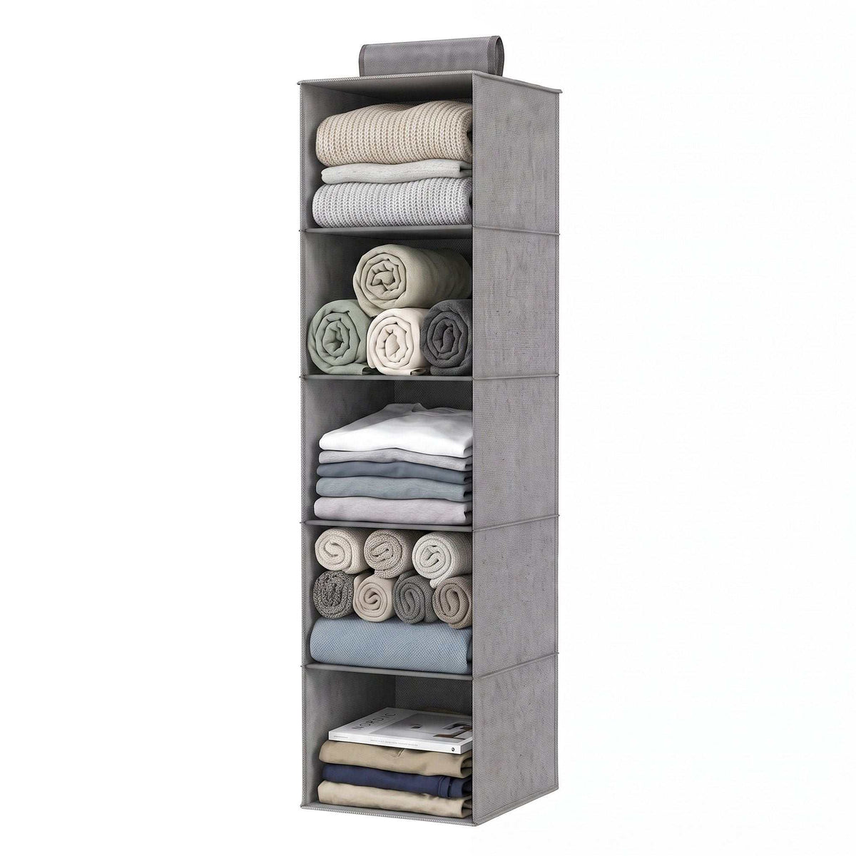 Artiss Hanging Closet Organiser in grey non-woven fabric, with five open compartments holding folded clothes and rolled towels
