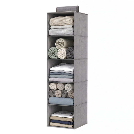Artiss Hanging Closet Organiser in grey non-woven fabric, with five open compartments holding folded clothes and rolled towels