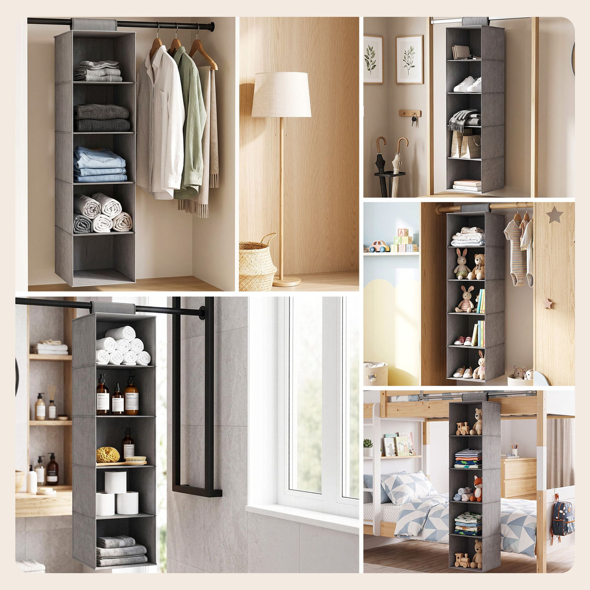 Artiss Hanging Closet Organiser in grey non-woven fabric with five open compartments and a hanging loop