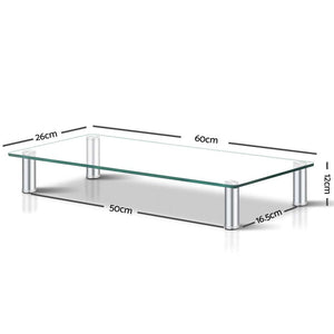 Artiss Monitor Stand Riser with a clear rectangular glass platform and four silver cylindrical legs, with dimensions shown
