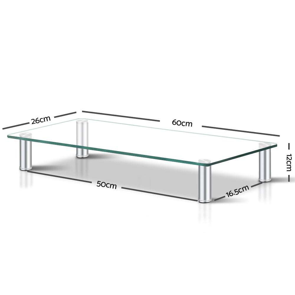Artiss Monitor Stand Riser with a clear rectangular glass platform and four silver cylindrical legs, with dimensions shown