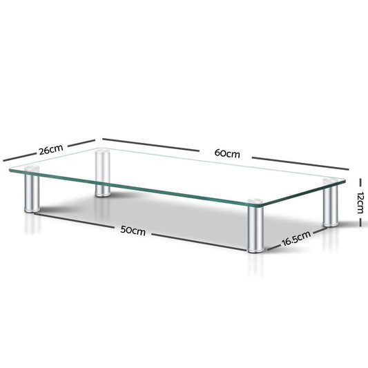 Artiss Monitor Stand Riser with a clear rectangular glass platform and four silver cylindrical legs, with dimensions shown