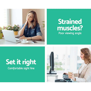 Artiss Monitor Stand Riser is not clearly shown; the image shows women using laptops and a desktop monitor beside ergonomic advice text.