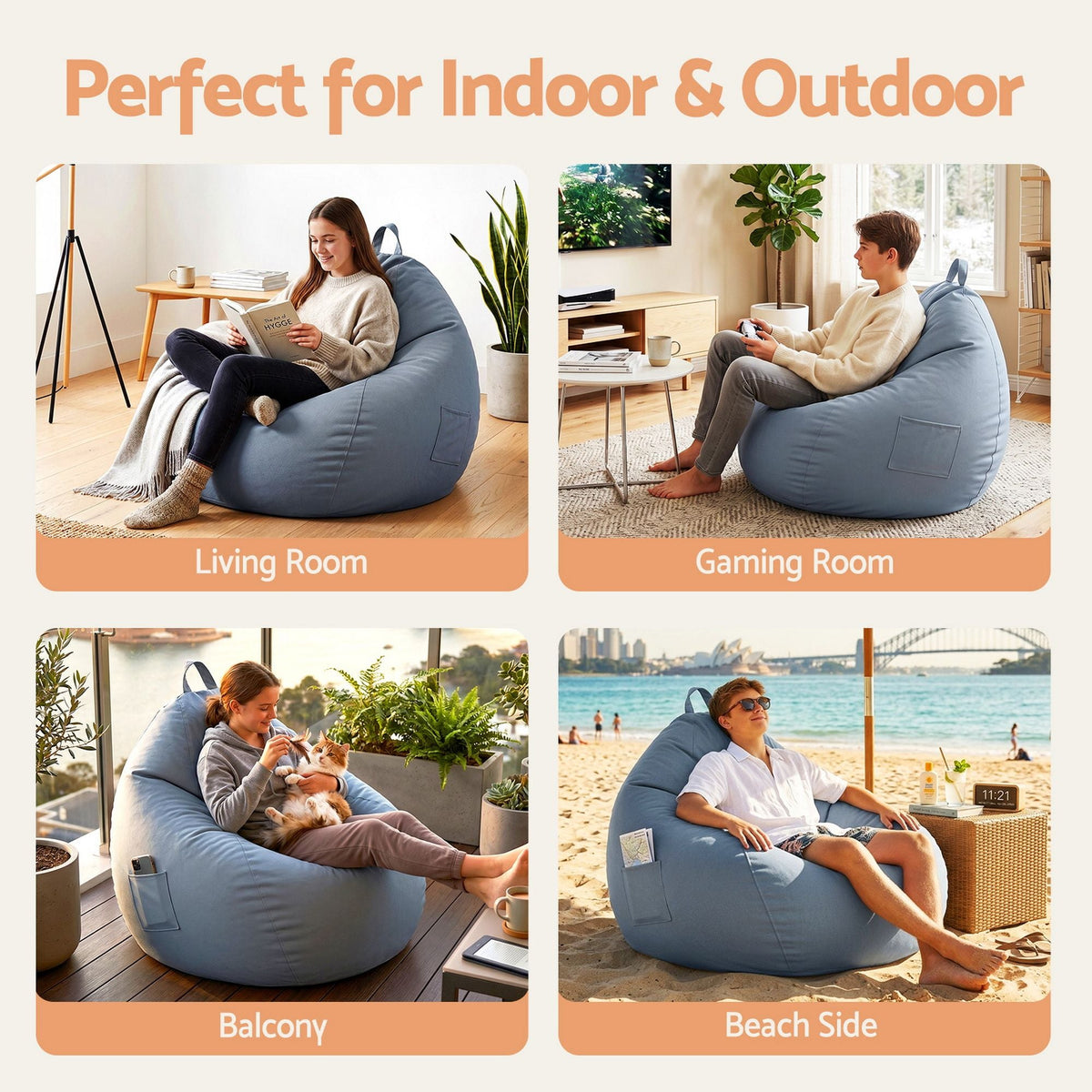Artiss Outdoor Bean Bag Chair in blue-grey fabric, shown with a rounded teardrop shape and side pocket